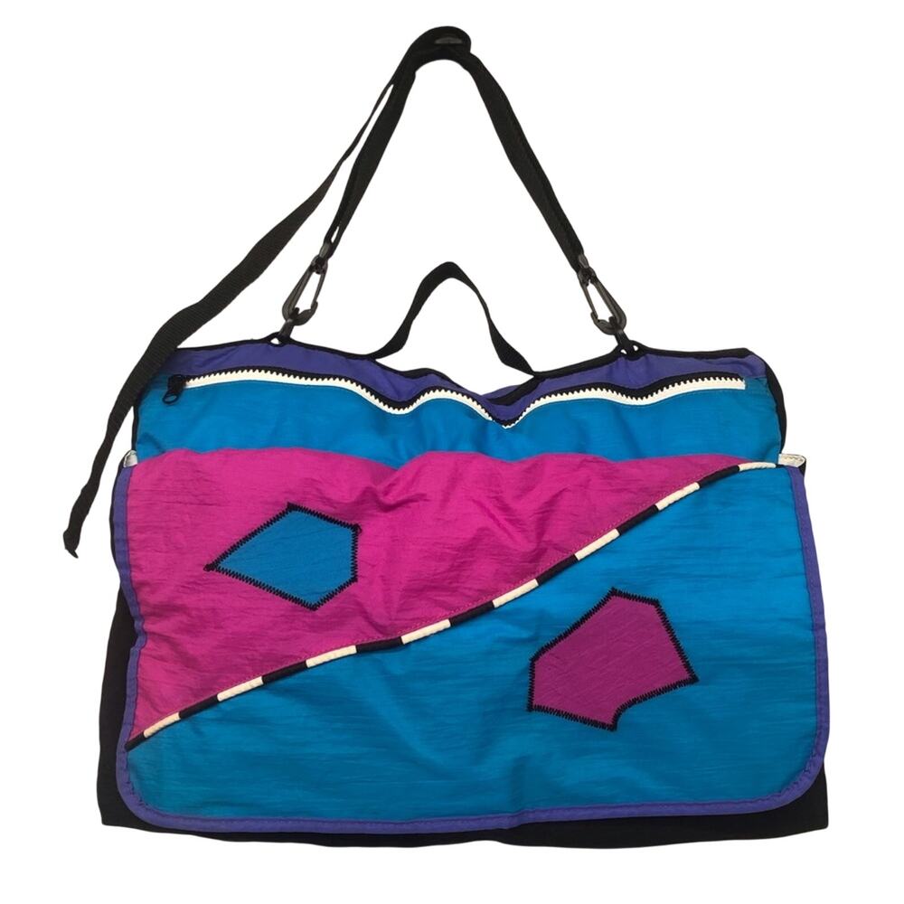 Y2K 90s 80s Vintage Bright Turquoise Black Pink Nylon Messenger Style Book Bag